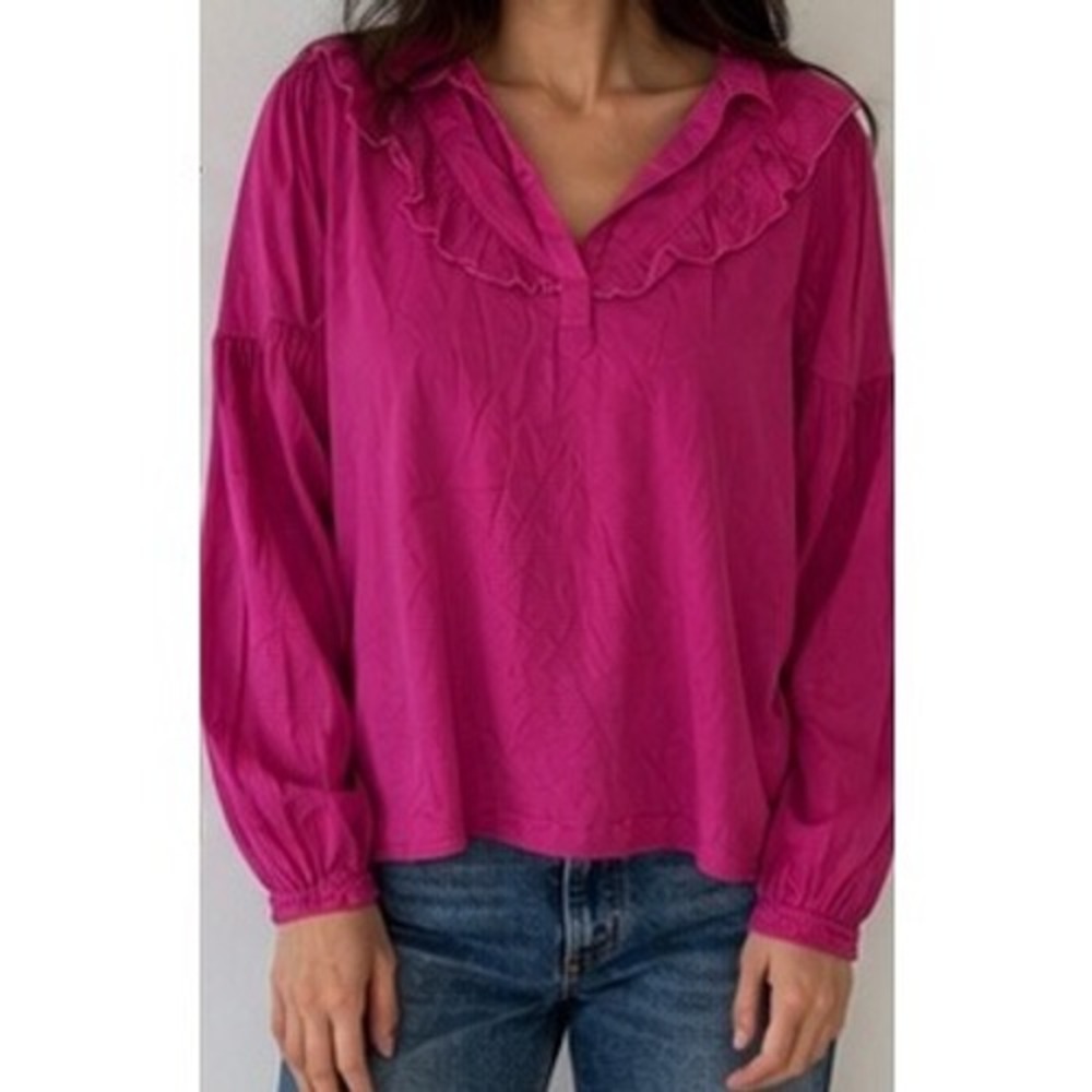 Amadi Magenta Pink‎ Ruffle V-Neck Balloon Sleeve Blouse Top Small r3